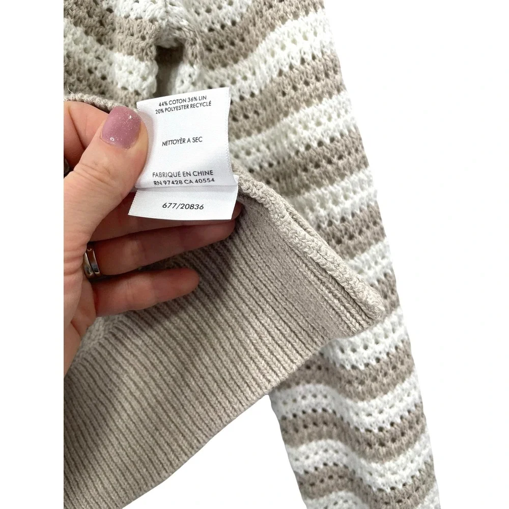 White + Warren striped knit cotton linen sweater‎ Size S tan white crochet boho